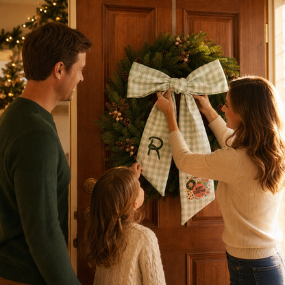 Custom Monogram Merry Christmas Ornaments Embroidered Linen Door Wreath Sash, Personalized Initial Festive Baubles Floral Holiday Wreath Sash & Front Door Decor