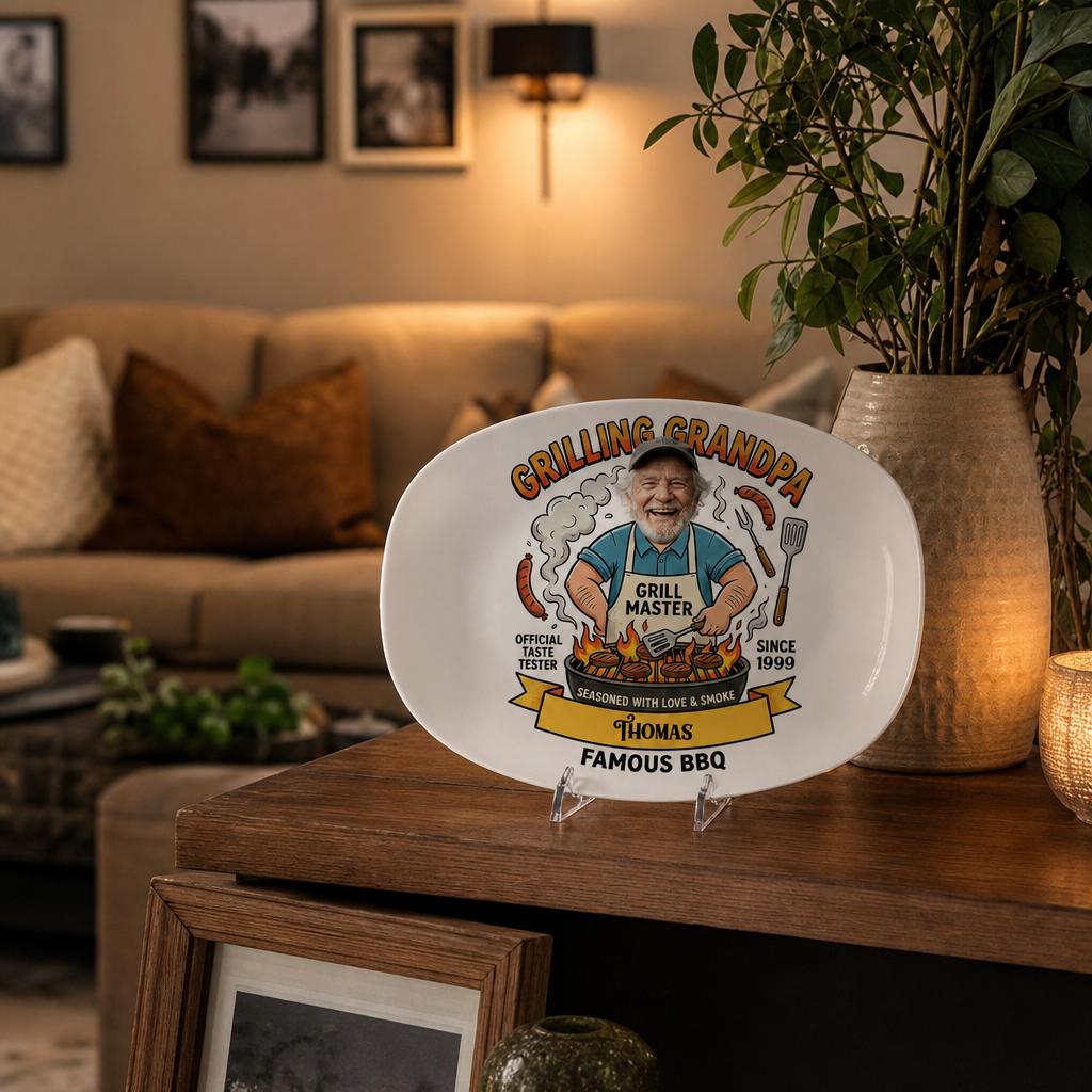 Personalized Grilling Grandpa Famous BBQ Decorative Plate – Custom Name BBQ Keepsake