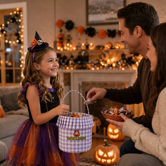 Personalized Halloween Ghost Pumpkin 3D Puff Embroidered Ruffle Basket Custom Name Trick or Treat Bucket