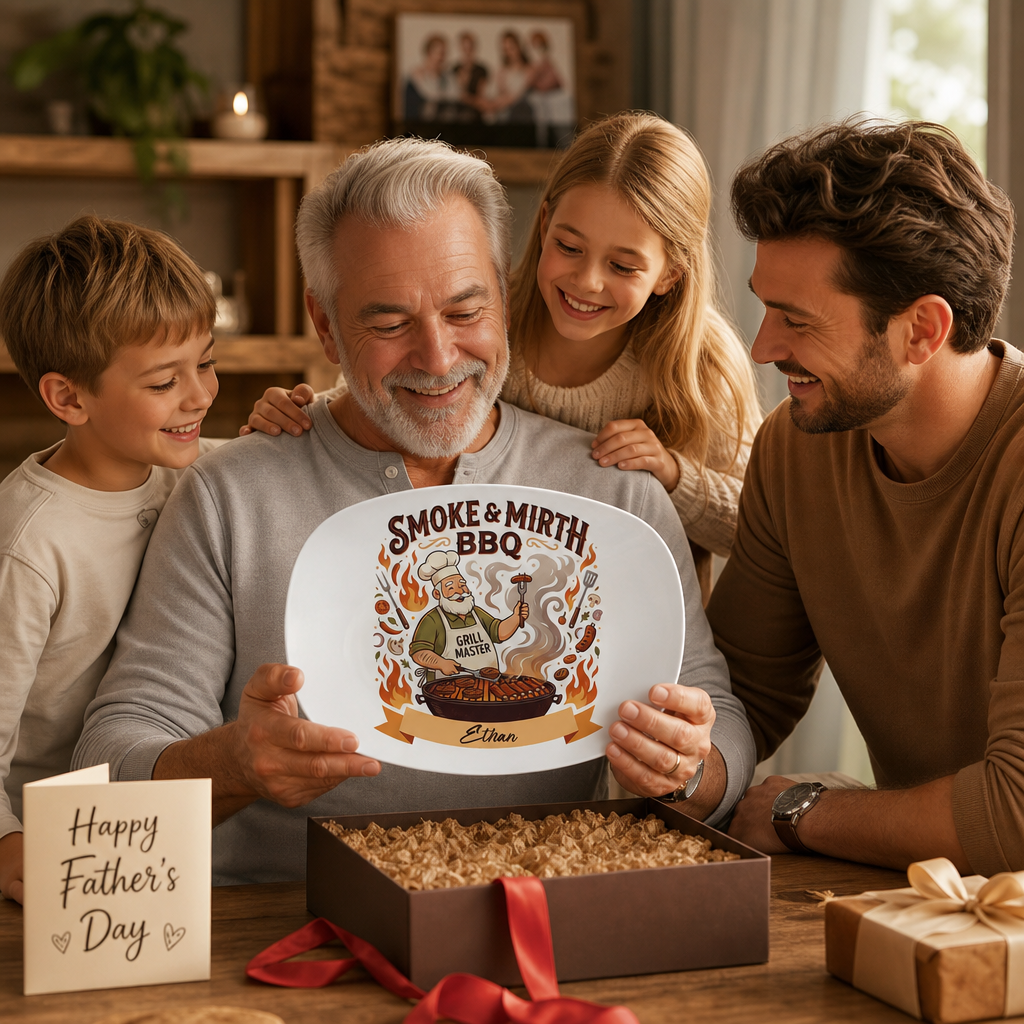 Personalized Smoke & Mirth BBQ Decorative Plate – Custom Name BBQ Keepsake for Grandpa