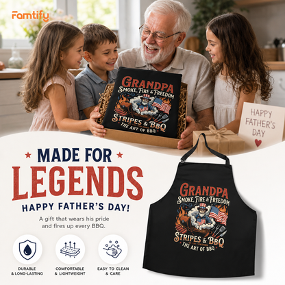 Grandpa Smoke Fire and Freedom Apron – Patriotic BBQ Grilling Apron Gift for