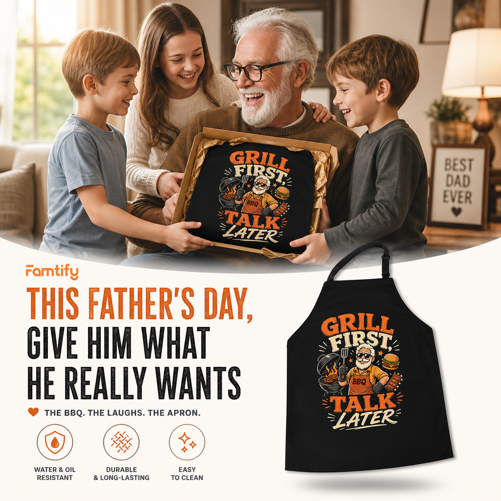 Grill First Talk Later Apron – Funny BBQ Grilling Apron Gift for Grandpa