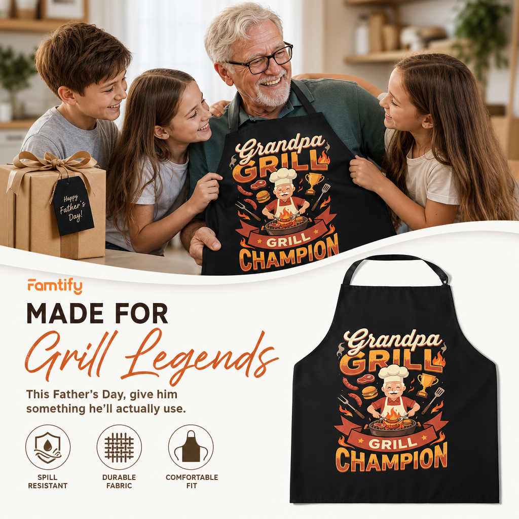 Grandpa Grill Champion Apron – Funny BBQ Grilling Apron Gift for Grandpa