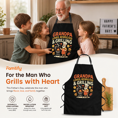 Grandpa Loved, Respected and Grilling Apron – Funny BBQ Grilling Apron Gift for Grandpa