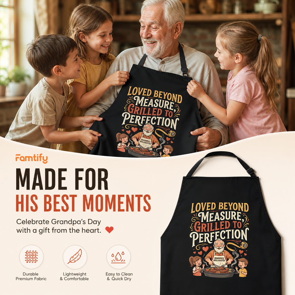 Love Beyond Measure, Grilled to Perfection Apron – Funny BBQ Grilling Apron Gift for Grandpa