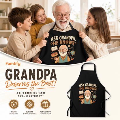 Ask Grandpa, He Knows Apron – Funny BBQ Grilling Apron Gift for Grandpa