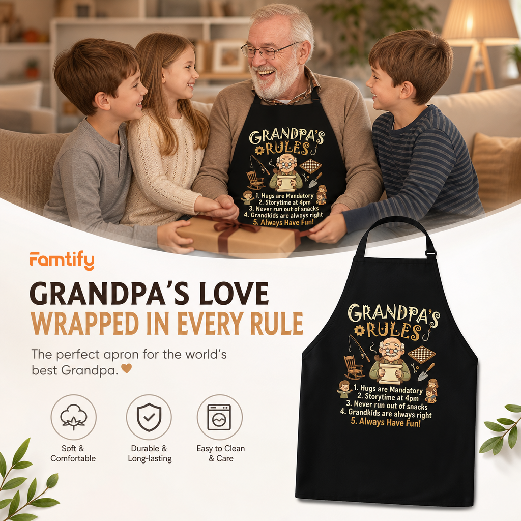 Grandpa Rules Apron – Funny BBQ Grilling Apron Gift for Grandpa