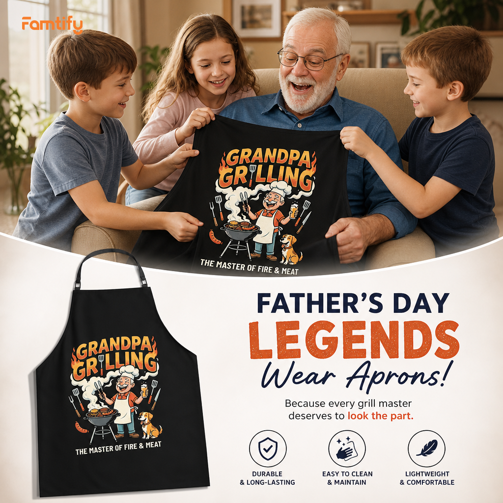 Grandpa Grilling The Master of Fire and Meat Apron – Funny BBQ Apron Gift for Grandpa