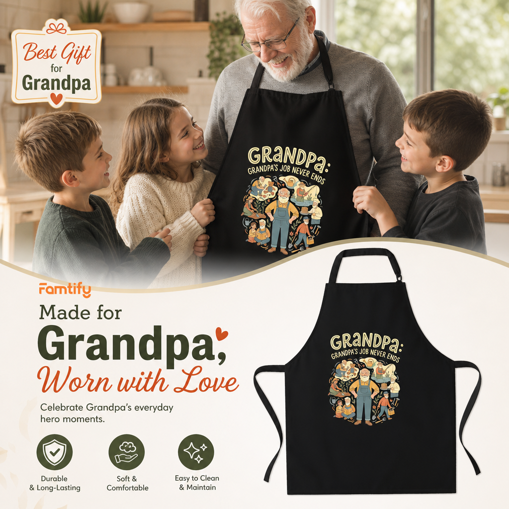 Grandpa's Job Never Ends Apron – Funny BBQ Grilling Apron Gift for Grandpa