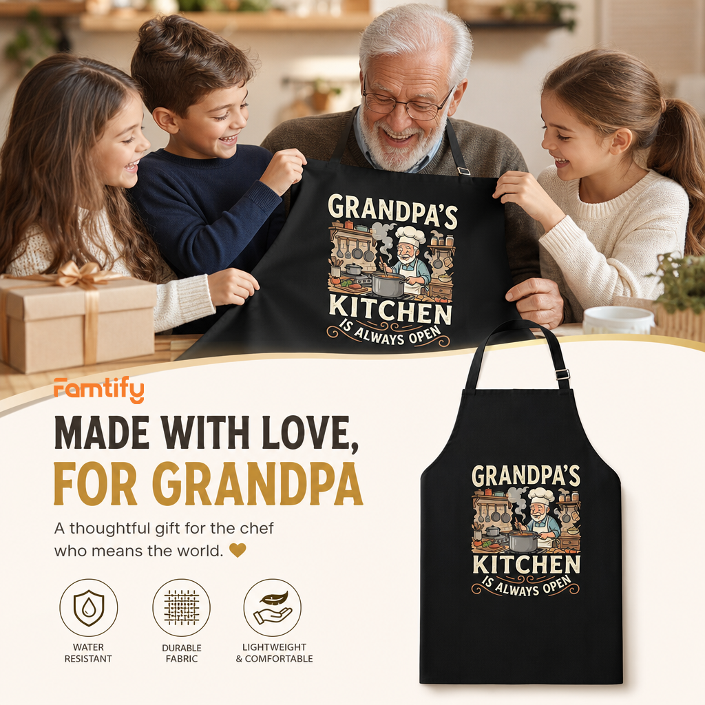 Grandpa's Kitchen Is Always Open Apron – Funny Cooking & BBQ Apron Gift for Grandpa