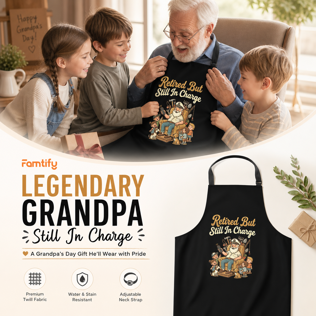 Retired But Still in Charge Apron – Funny BBQ Grilling Apron Gift for Grandpa