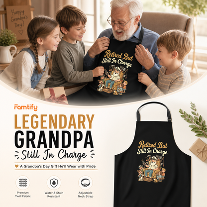 Retired But Still in Charge Apron – Funny BBQ Grilling Apron Gift for Grandpa
