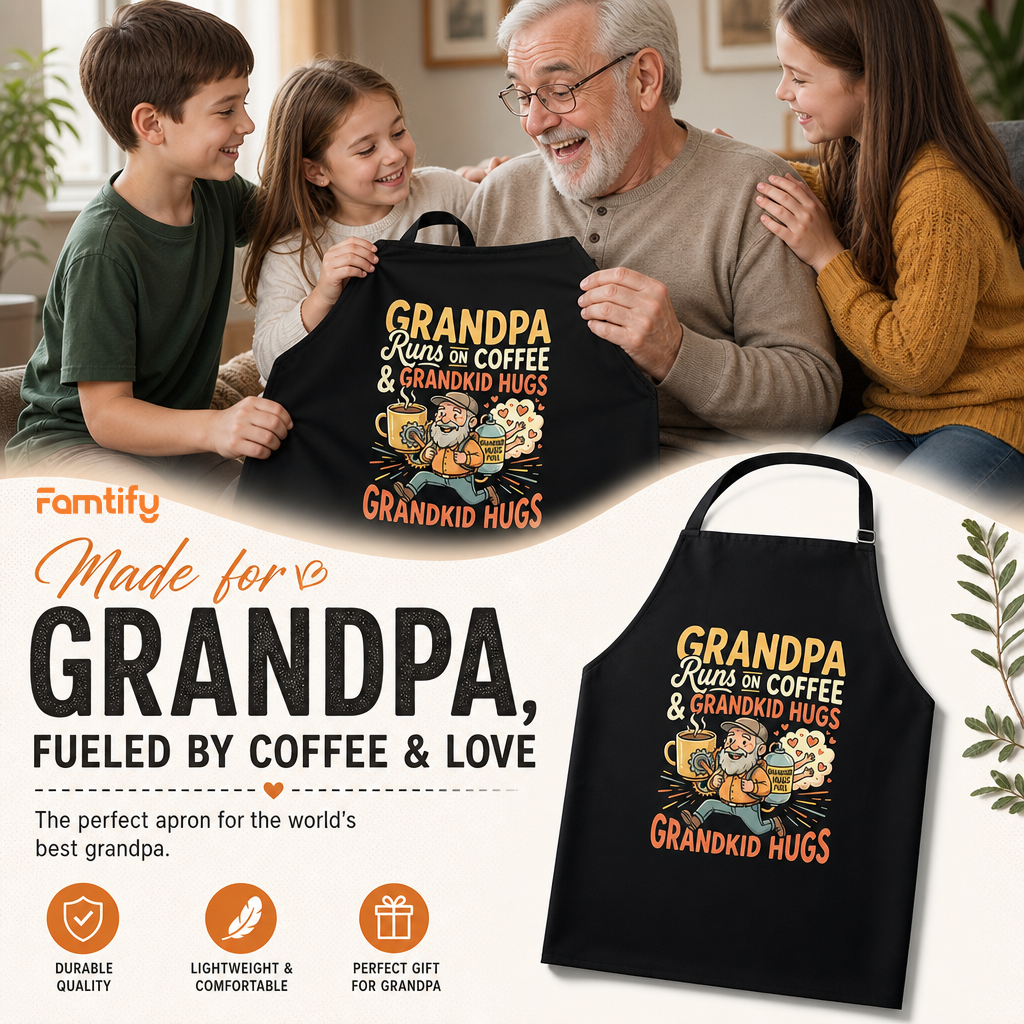 Grandpa Runs on Coffee and Grandkid Hugs Apron – Funny Grandpa BBQ & Cooking Apron Gift
