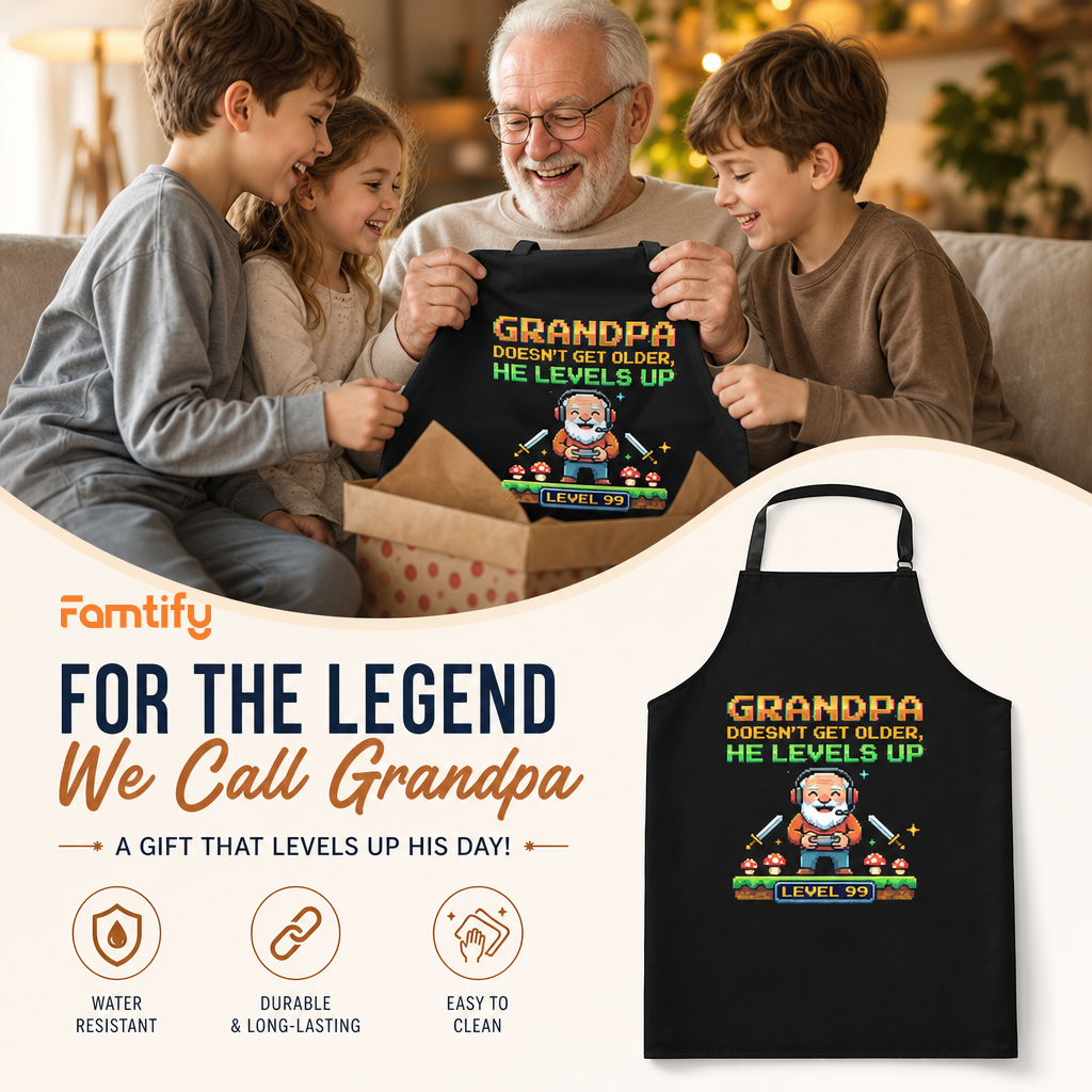 Grandpa Doesn't Get Older He Levels Up Apron – Funny Grandpa BBQ & Cooking Apron Gift