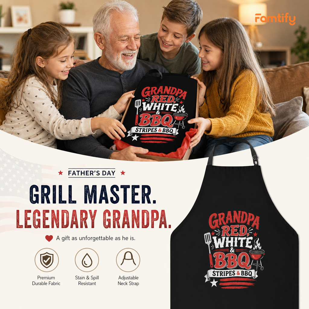Grandpa Red White BBQ Apron – Patriotic Stripes and BBQ Grilling Apron Gift for Grandpa