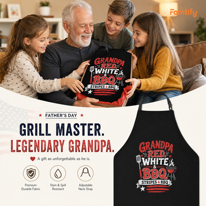 Grandpa Red White BBQ Apron – Patriotic Stripes and BBQ Grilling Apron Gift for Grandpa