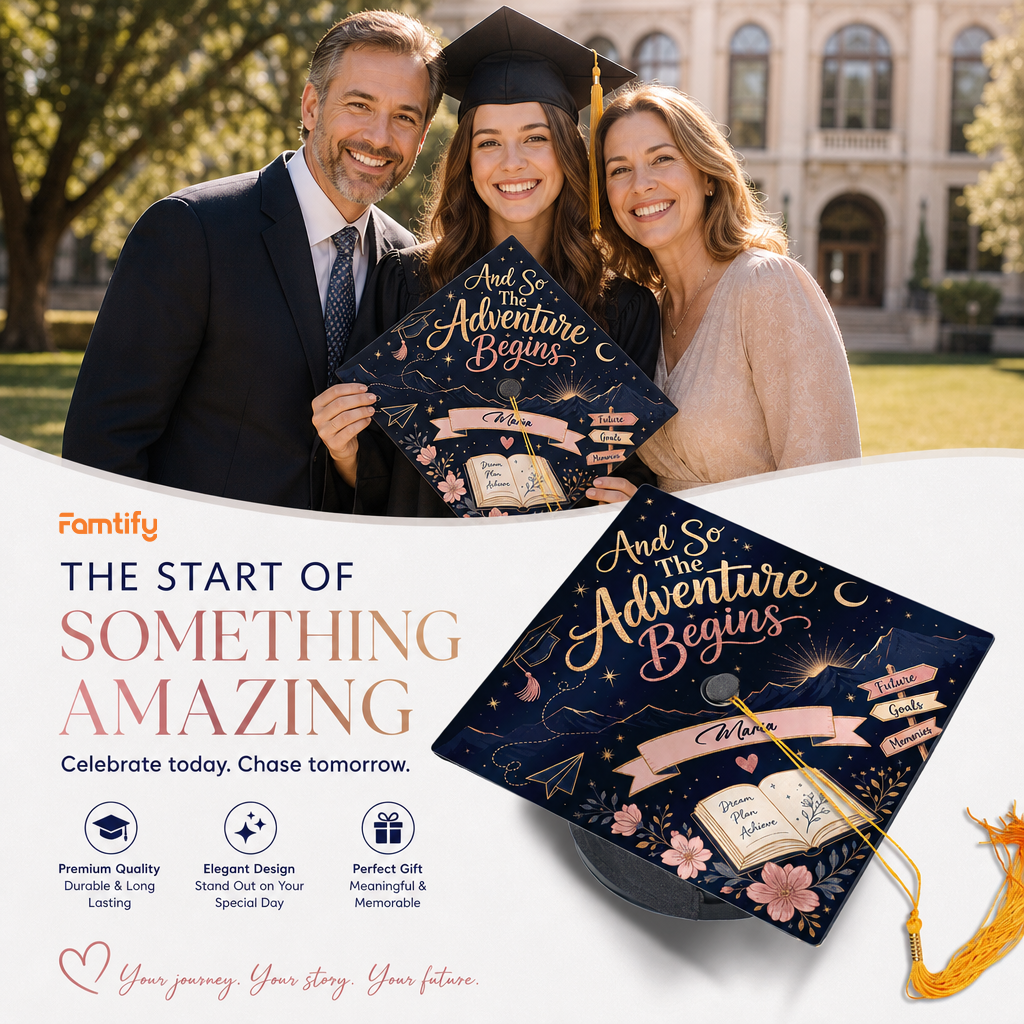 Personalized And So The Adventure Begins Graduation Cap Topper