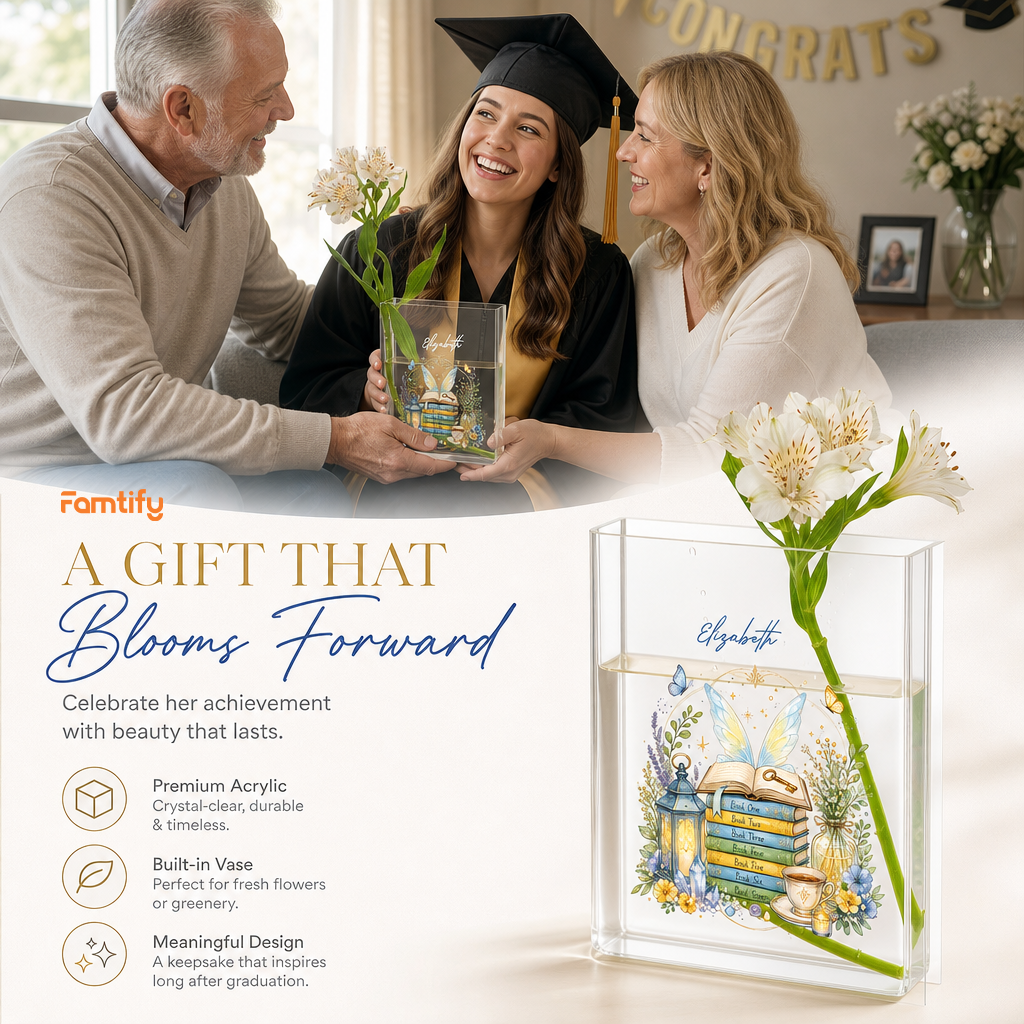 Personalized Book Stack Acrylic Book Vase, Custom Name Reading Flower Vase