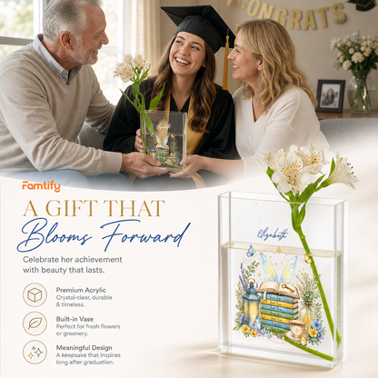 Personalized Book Stack Acrylic Book Vase, Custom Name Reading Flower Vase