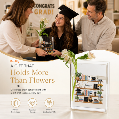 Personalized Graduation Bookshelf Acrylic Book Vase, Custom Name Graduation Flower Vase