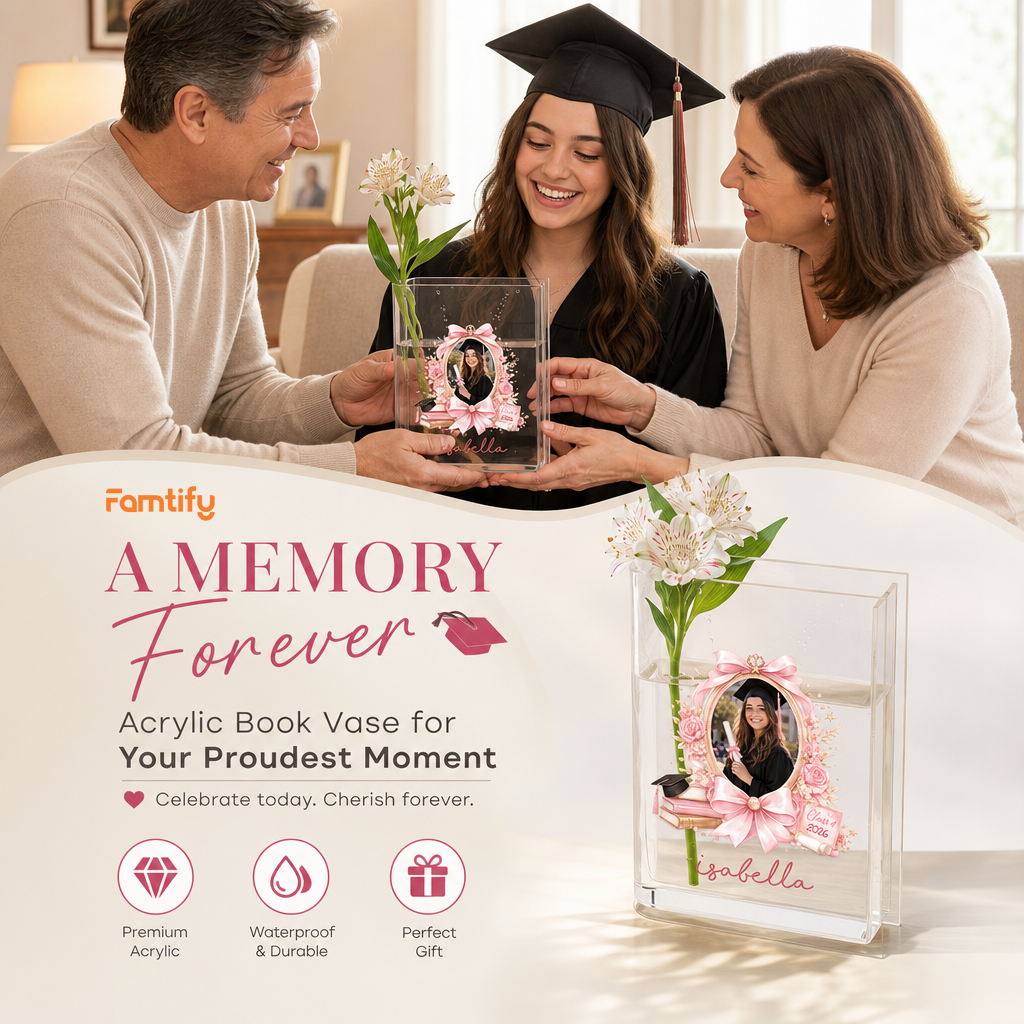 Personalized Pink Bow Acrylic Book Vase with Custom Photo