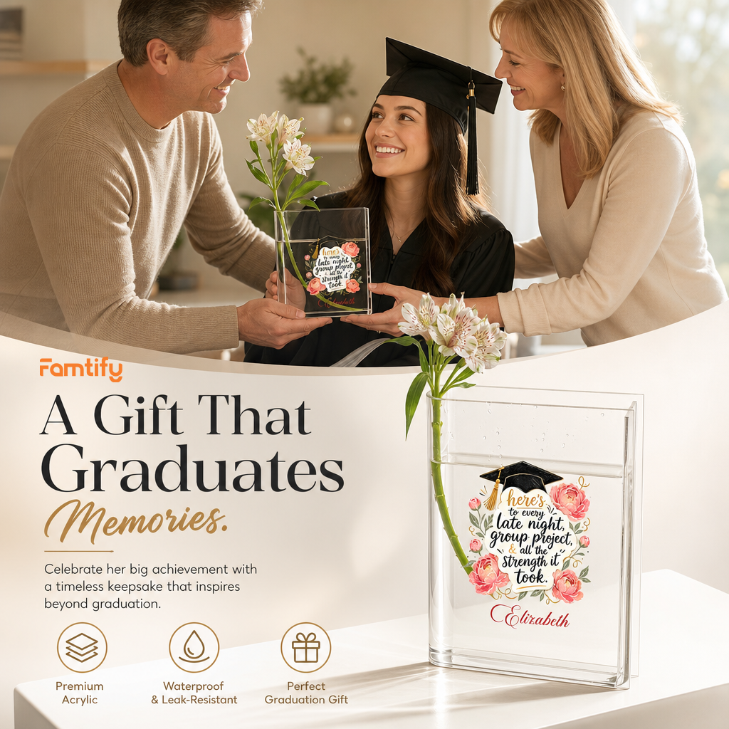 Personalized Here's to Every Late Night, Group Project & All the Strength It Took Acrylic Book Vase with Custom Name