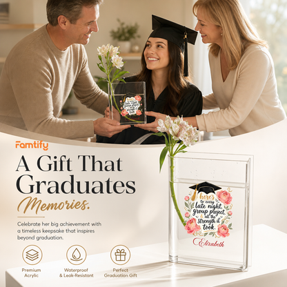 Personalized Here's to Every Late Night, Group Project & All the Strength It Took Acrylic Book Vase with Custom Name