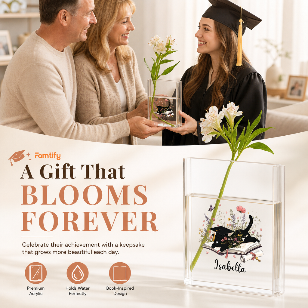 Personalized Cat Graduation Acrylic Book Vase with Custom Name