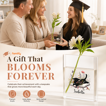 Personalized Cat Graduation Acrylic Book Vase with Custom Name