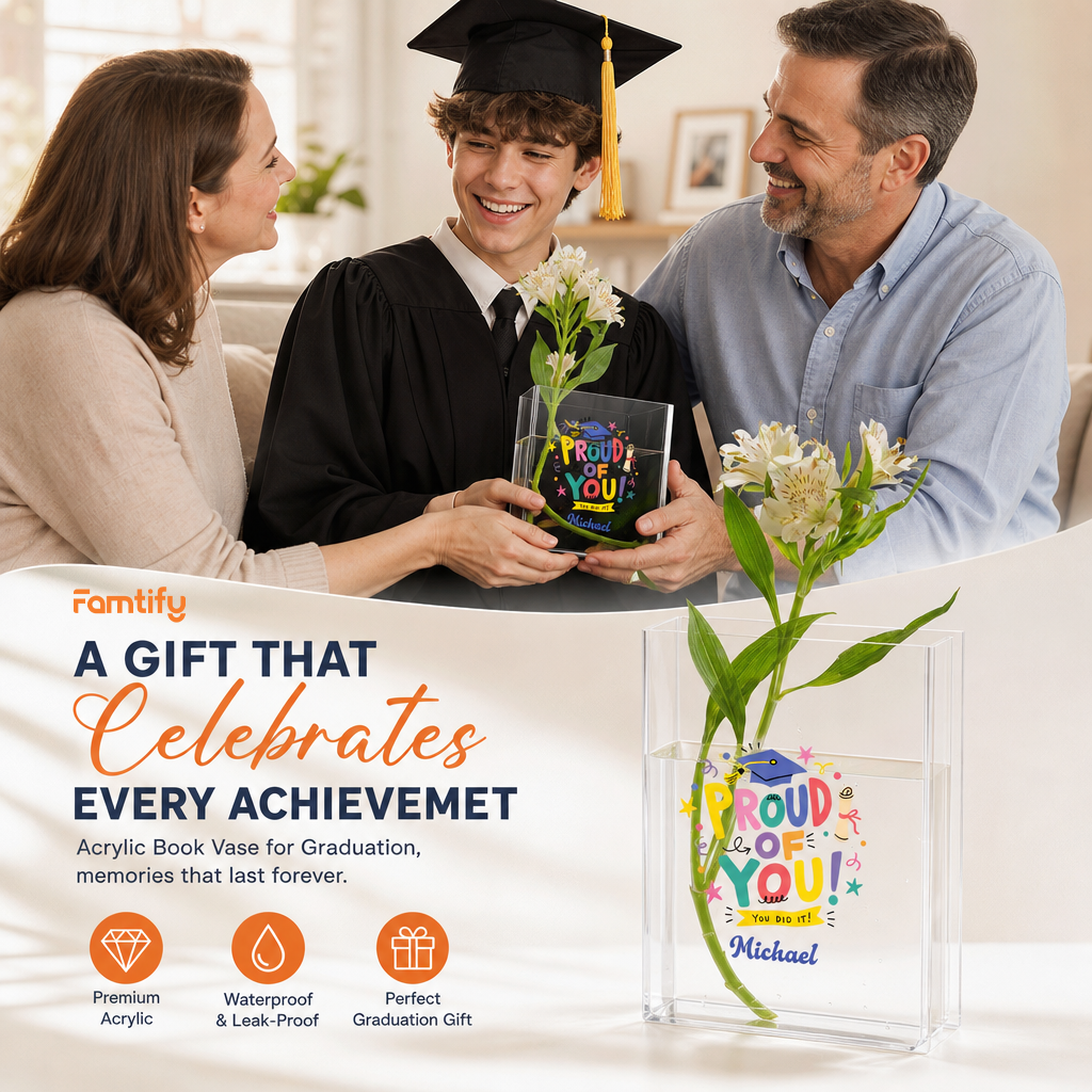 Personalized Proud of You Acrylic Book Vase, Custom Name Graduation Flower Vase