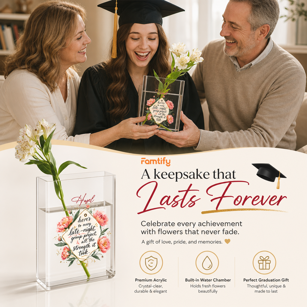 Personalized Here's to Every Late Night Acrylic Book Vase, Custom Name Graduation Flower Vase