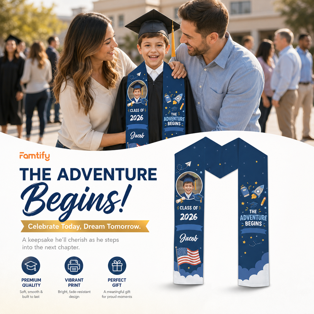 Personalized The Adventure Begins Kid Graduation Stole – Custom Name