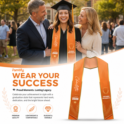 Personalized Orange Graduation Stole with Graduation Cap – Custom Name