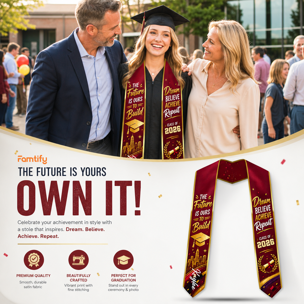 Personalized The Future Is Ours to Build Dream Believe Achieve Repeat Graduation Stole – Custom Photo and Name