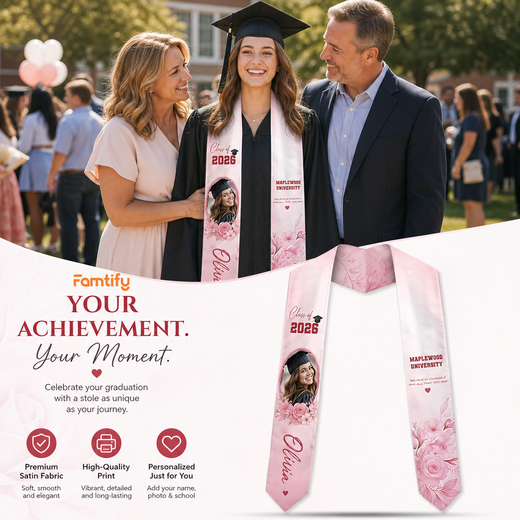 Personalized Pink Floral Graduation Stole – Custom Name
