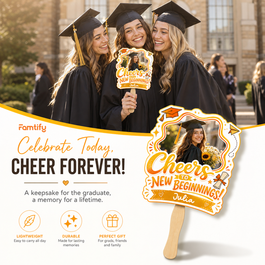 Personalized Cheers to New Beginnings Custom Shape Photo Hand Fan, Graduation Fan with Photo & Name