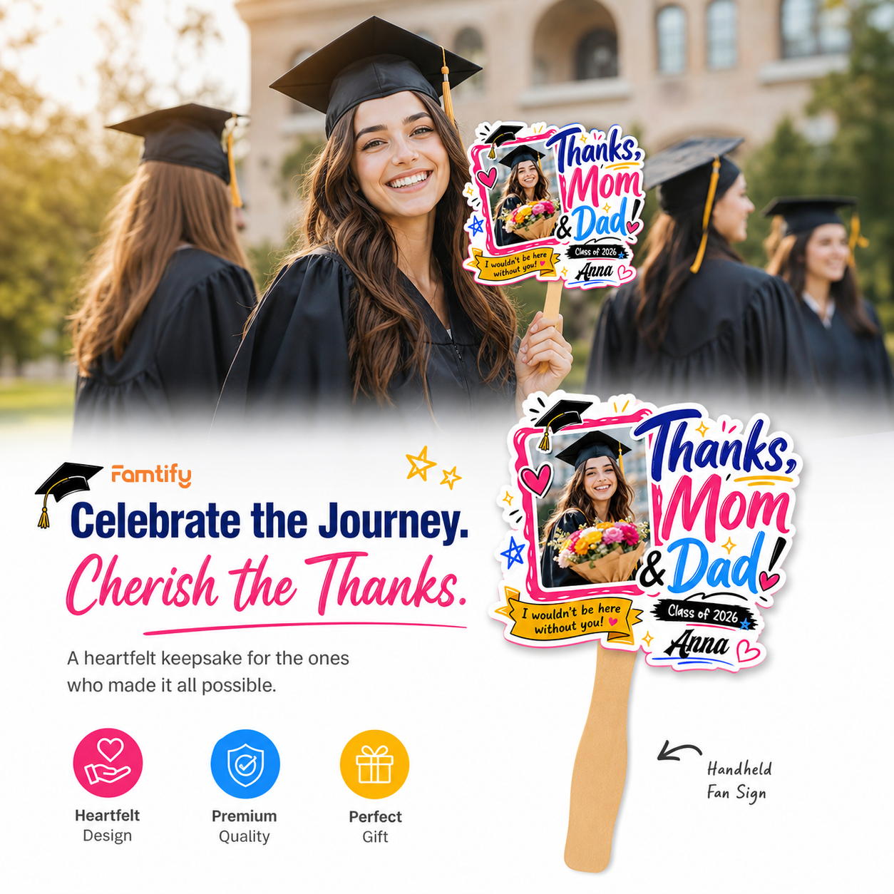 Thanks Mom and Dad I Wouldn't Be Here Without You Custom Shape Photo Hand Fan with Photo, Name Graduation Party Fan