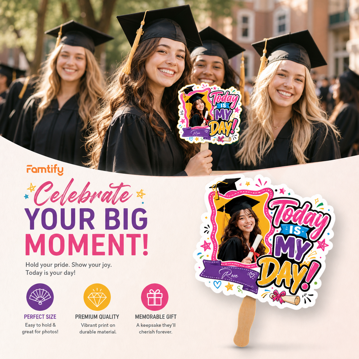 Personalized Today Is My Day Custom Shape Photo Hand Fan, Graduation Fan with Photo & Name