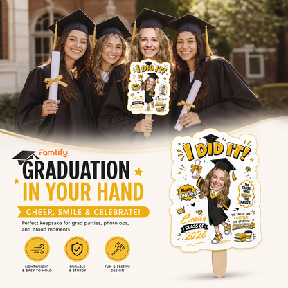 Personalized I Did It Finally Finished Custom Shape Photo Hand Fan, Graduation Fan with Photo & Name