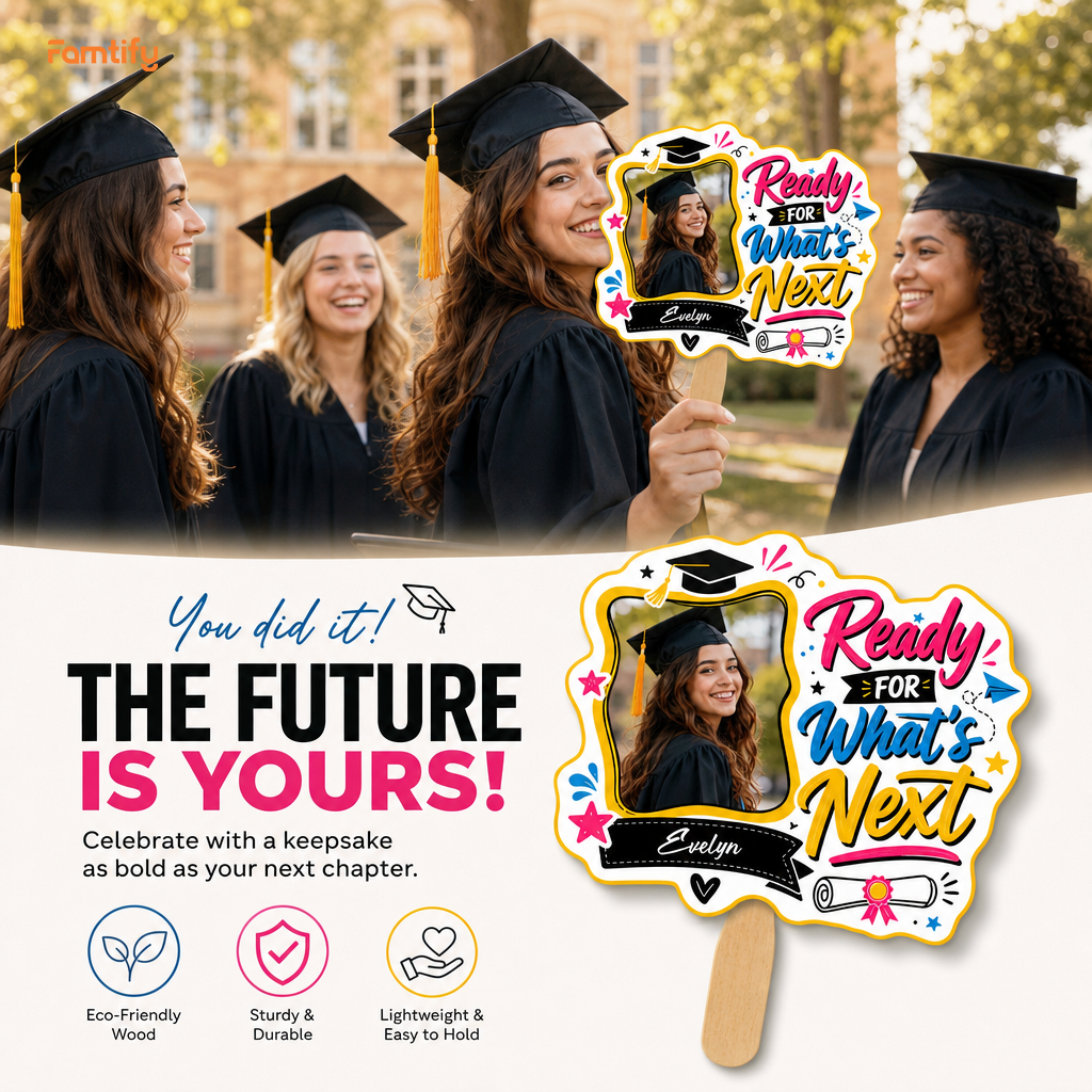 Personalized Ready for What's Next Custom Shape Photo Hand Fan, Graduation Fan with Photo & Name
