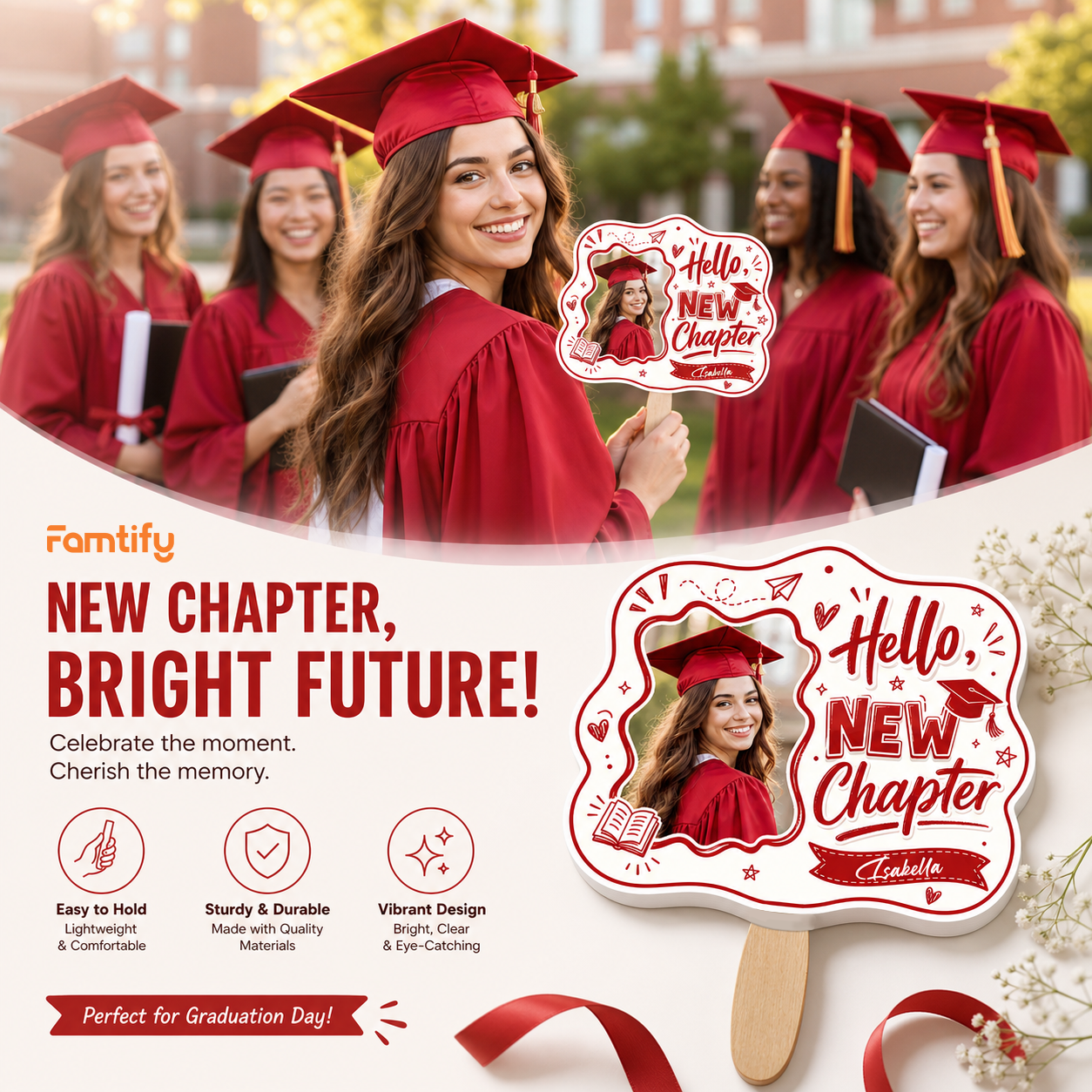Personalized Hello New Chapter Custom Shape Photo Hand Fan, Graduation Fan with Photo & Name