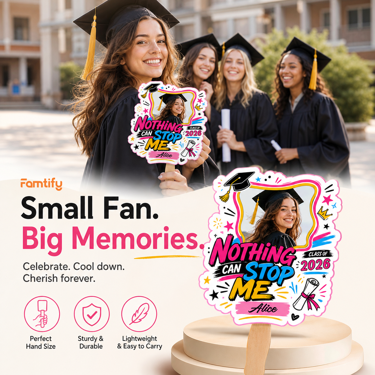 Personalized Nothing Can Stop Me Custom Shape Photo Hand Fan, Graduation Fan with Photo & Name