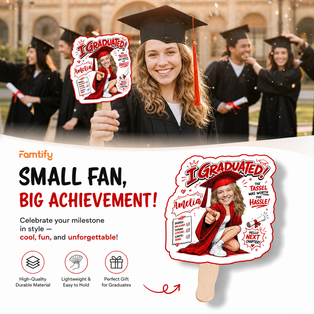 Personalized I Graduated Custom Shape Photo Hand Fan, Graduation Fan with Photo & Name