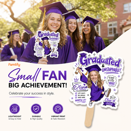 Graduated and Unstoppable Custom Shape Photo Hand Fan with Photo, Name Graduation Party Fan