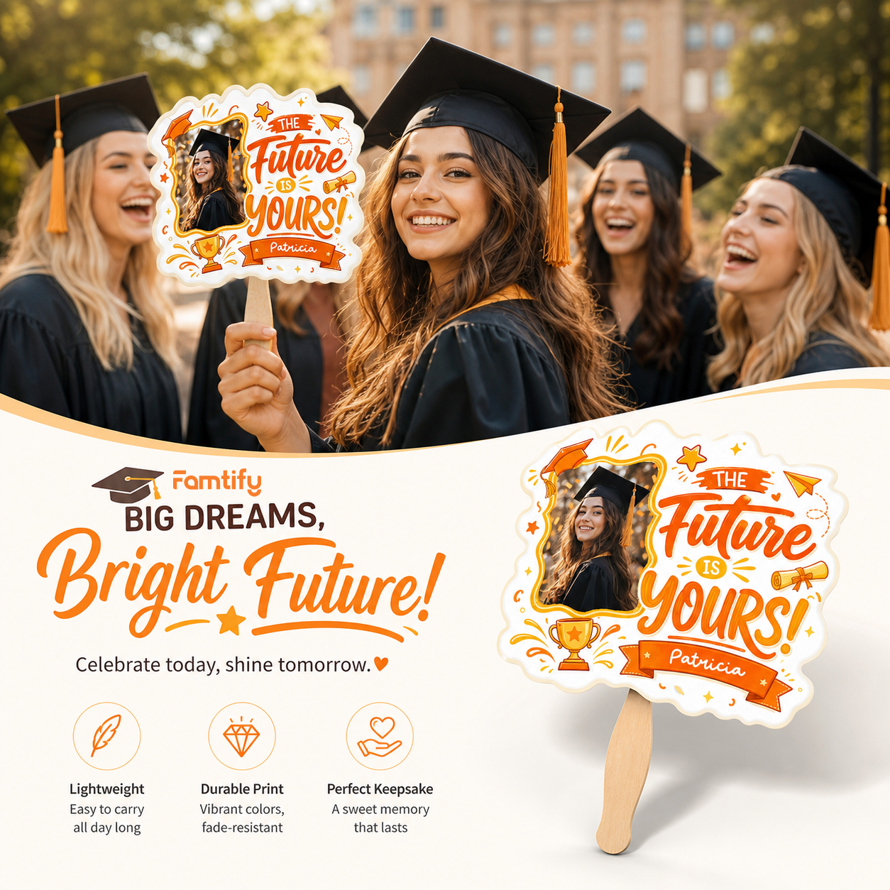The Future Is Yours Orange Custom Shape Photo Hand Fan with Photo, Name Graduation Party Fan