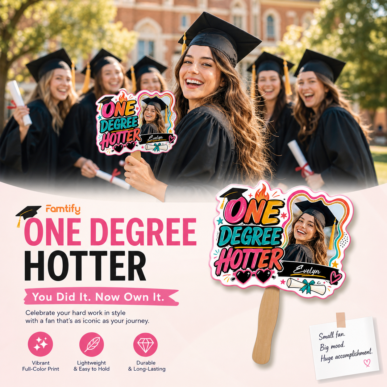 Personalized One Degree Hotter Custom Shape Photo Hand Fan, Graduation Fan with Photo & Name