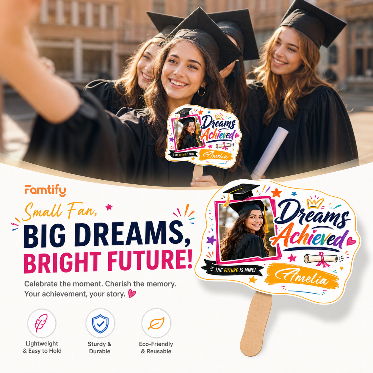Personalized Dreams Achieved Custom Shape Photo Hand Fan, Graduation Fan with Photo & Name