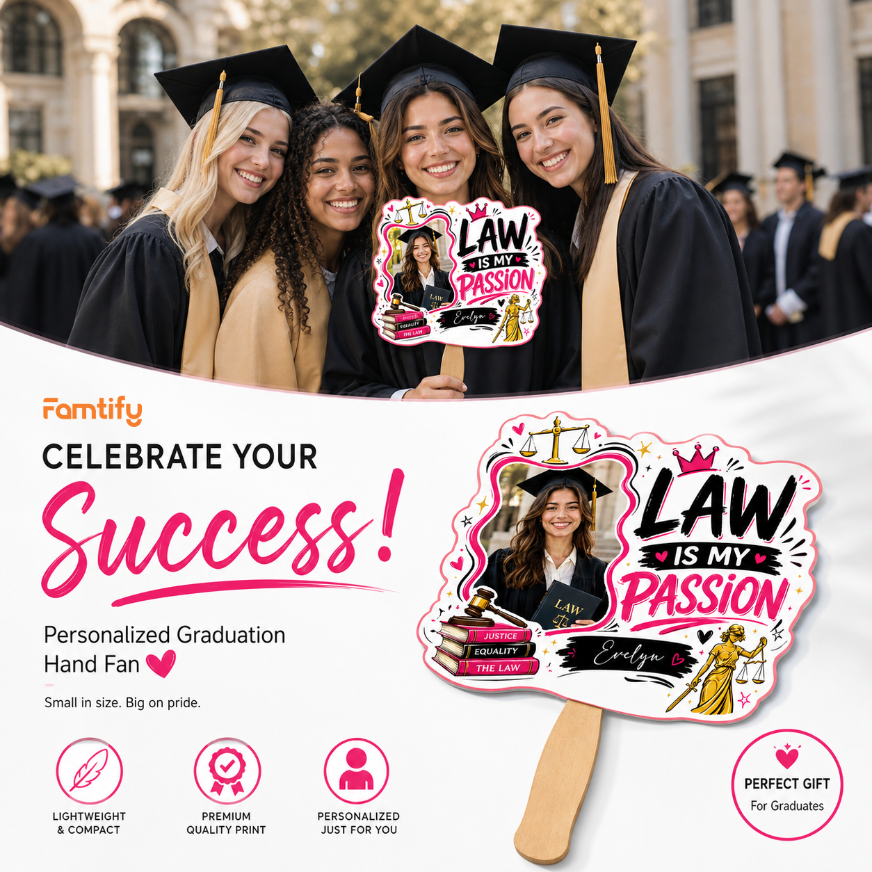 Personalized Law Is My Passion Custom Shape Photo Hand Fan, Graduation Fan with Photo & Name