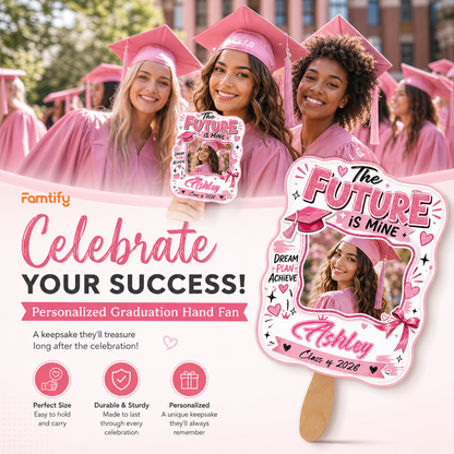 The Future Is Mine Pink Custom Shape Photo Hand Fan with Photo, Name Graduation Party Fan