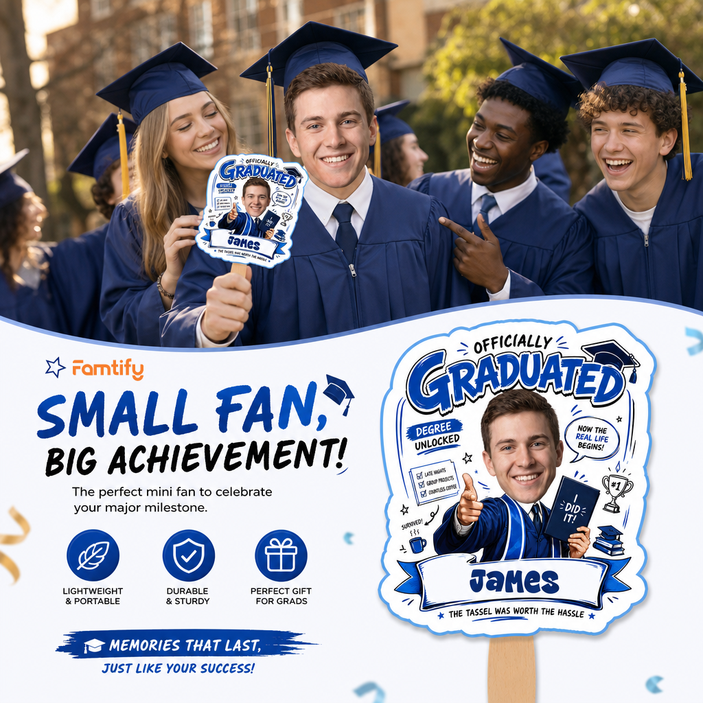 Officially Graduated Custom Shape Photo Hand Fan with Photo, Name Graduation Party Fan